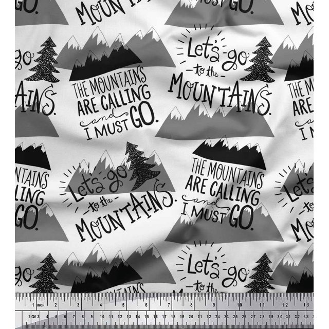 Soimoi White Rayon Fabric Mountains & Text Printed Fabric 1 Yard 42 Inch Wide