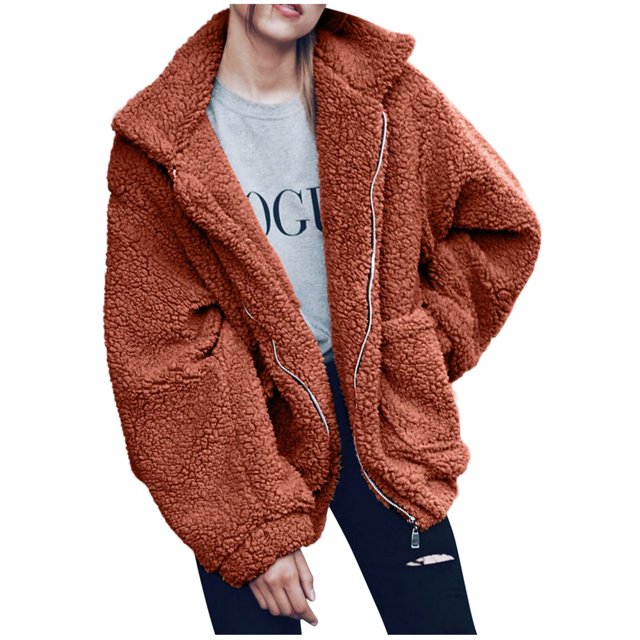 Ladies Loose Plush Long Sleeve Zipper Pullover Pocket Color Sweater Coat
