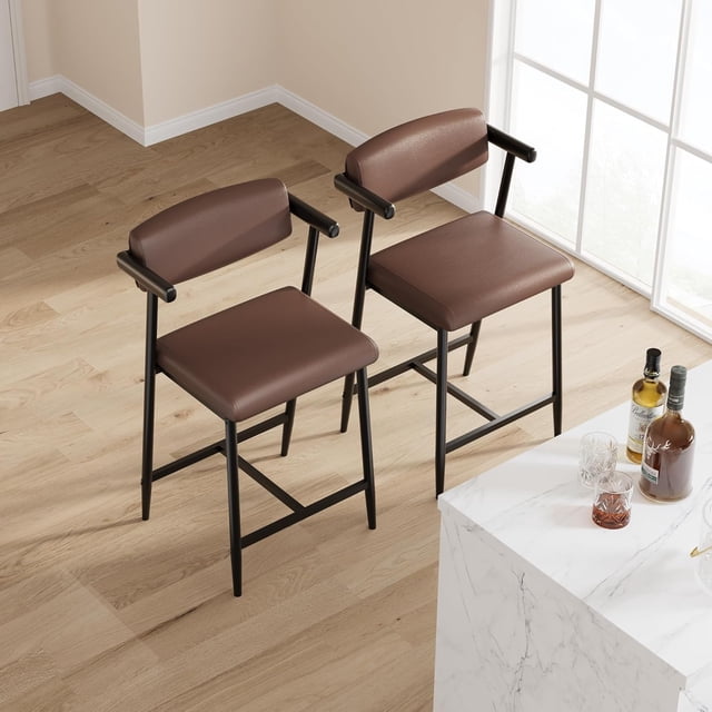 OUYAWEI 2PC Counter Height Bar Stools With Arms,26Inch UpholsteRed Bar Stools With Back,Wider Seat,Modern Bar Stools Set With Footrest for Kitchen Island,Counter Bar,Easy Assembly,Brown