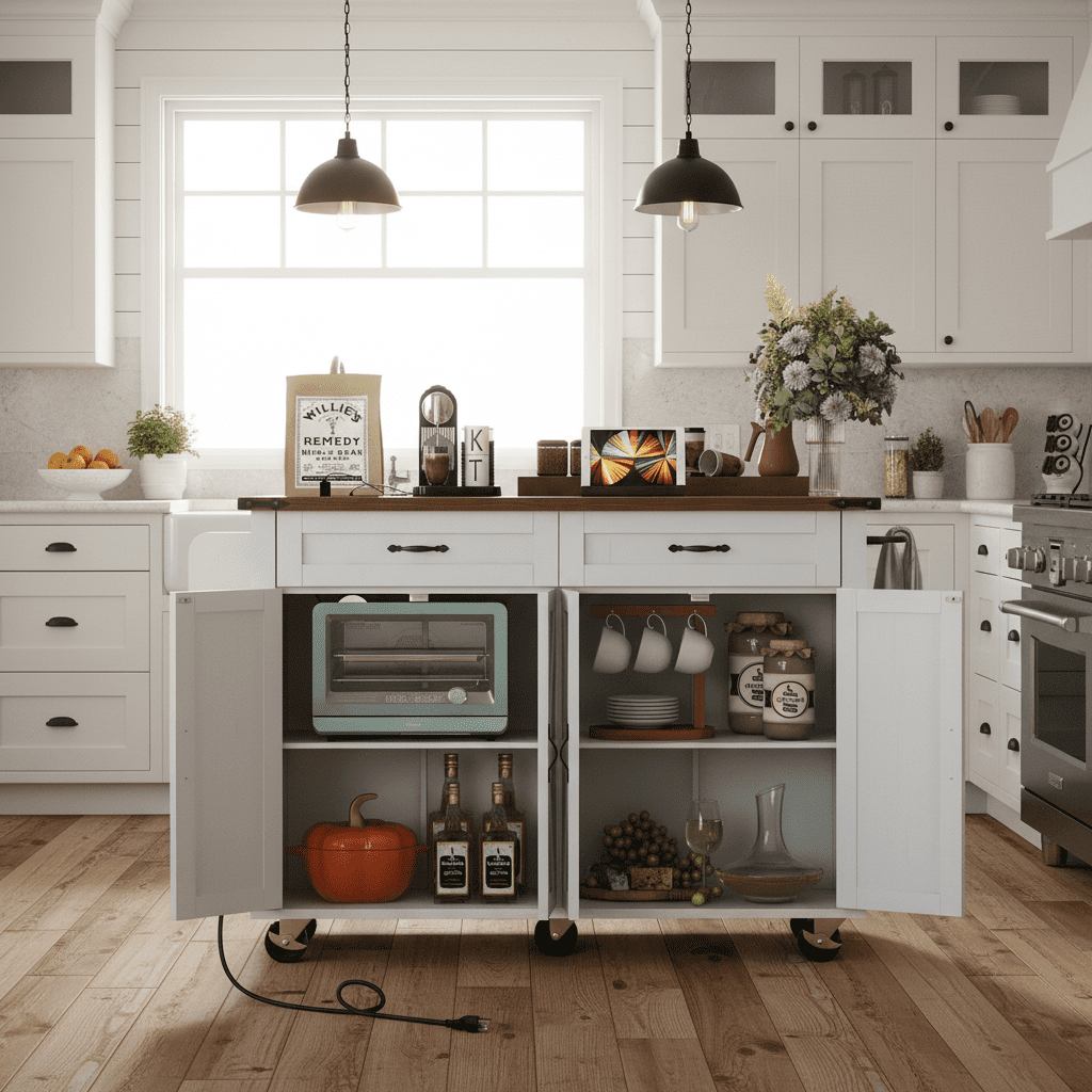 Homy Casa – Îlot de cuisine de style ferme de 53 pouces, avec prise électrique, comptoir rabattable, porte-épices, tiroirs et roulettes – Blanc