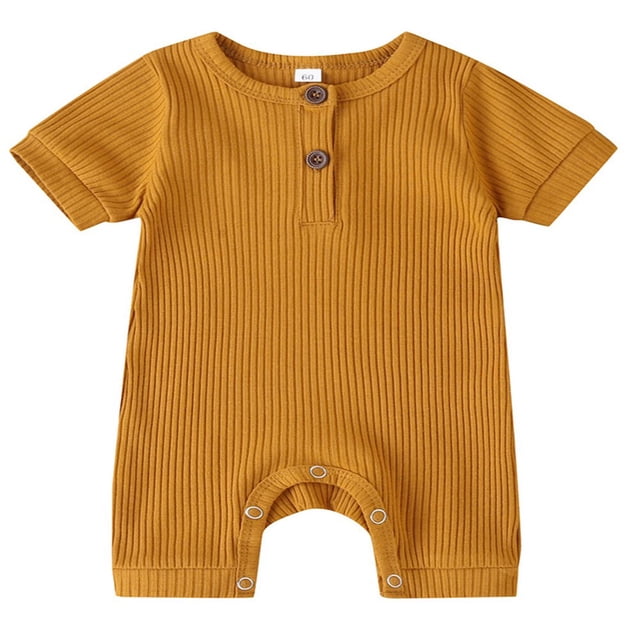 Baby Girl Boy Solid Romper Short Sleeve Jumpsuit Button Cotton Clothing