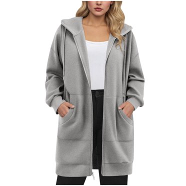 JGGSPWM Chandails à Capuche Zippés pour Femmes Grande Taille Tunique à Manches Longues Chandail d'Automne Hiver Long Manteau à Capuche en Molleton avec Poches Gris TTTG