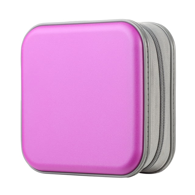 DVD Case, 48 Capacity Purple CD Hard Plastic Storage Case Holder Wallet with a sturdy purple hard plastic cover and slim grey zipper. The case is waterproof, wear-resistant, and designed to protect CDs and DVDs from dust, water, and stains. It features fixed inner pages for secure storage and easy organization. Compact and portable, suitable for travel, car storage, or home use.
