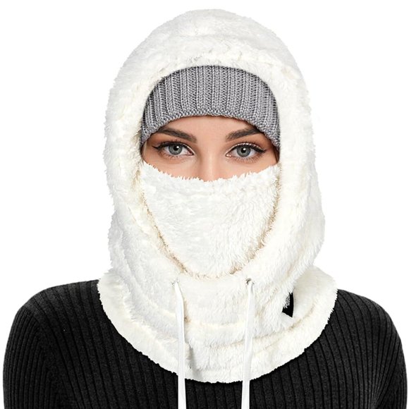 QKURT Cagoule d'Hiver Thermique en Molleton, Masque de Ski Unisexe Coupe-Vent Couvre-Visage, Tuque d'Hiver en Molleton avec Cache-Cou Snood pour Hommes Femmes, Sports de Plein Air Course Ski Cyclisme Randonnée, Blanc