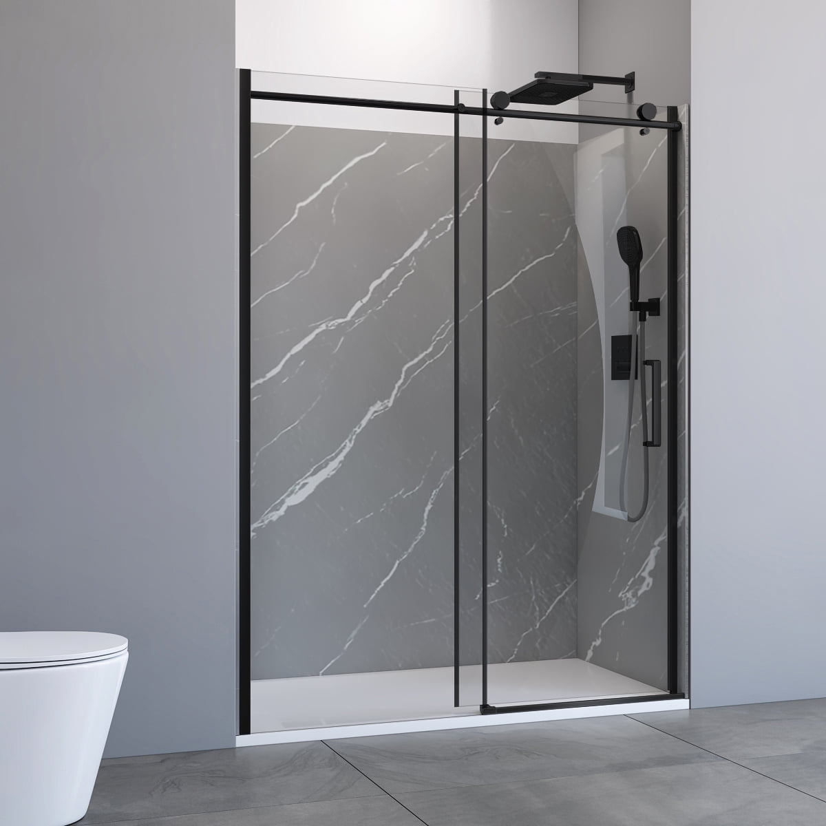 32" x 60" Kit de douche en alcôve noir mat – Porte en verre coulissante 8 mm, murs SMC effet marbre blanc & base à drain latéral