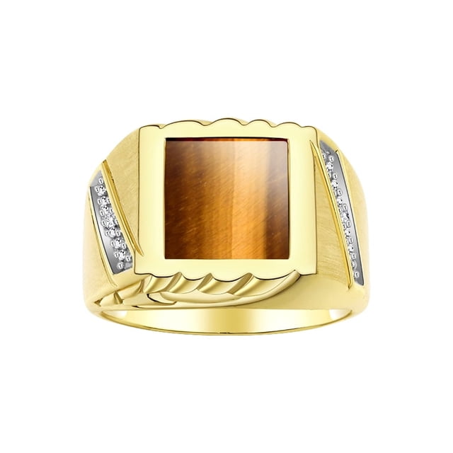 RYLOS Men's Rings Yellow Gold Plated Silver Designer Ring With Diamonds and Tiger Eye Tiger Eye Rings For Men Size 10