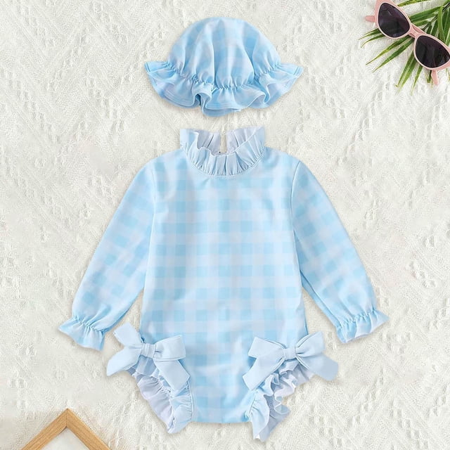 Girl Rash Guard Swimwear Ruffle Floral Pattern Sun Protection Long Sleeve Toddler Bathing Suit Girl 12-18 Months
