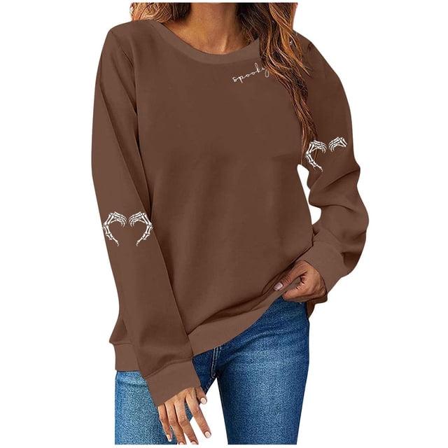 LMKIHUSA Chandail Graphique d'Halloween pour Femmes Saison Effrayante Squelette Cœur Chandail à Enfiler Hauts Manches Longues Col Rond Blouses Douces Décontracté Tendance 2025 Chandail Brun,TTG