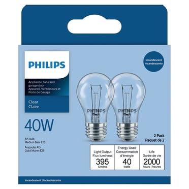 PHILIPS Paquet de 2 ampoules A15 de 40 W à culot moyen pour électroménager, transparent