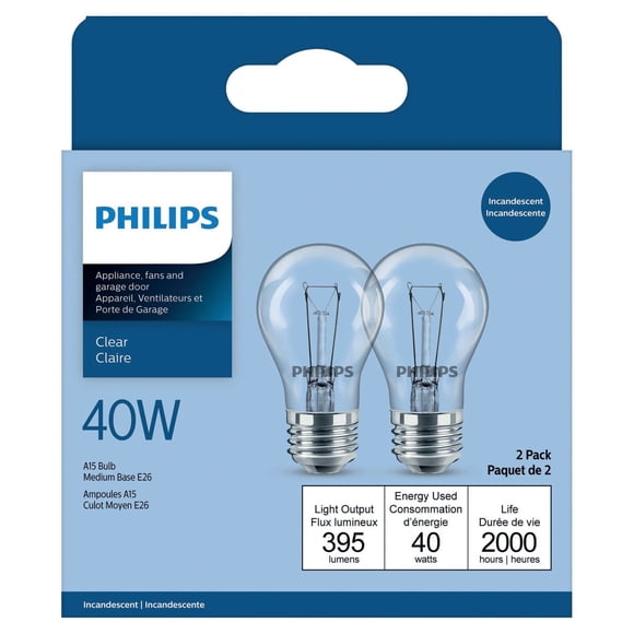 PHILIPS 40W A15 Medium Base Clear Appliance Light Bulbs 2 Pack