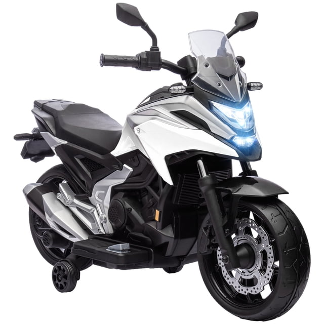 Qaba Moto Électrique 12 V Homologuée Honda pour Enfants en Blanc, au design Épuré avec Phares Fonctionnels, Fonctionnalité Musicale et Deux Roues Stabilisatrices pour une Sécurité Accrue. Conçue pour les Enfants de 3 à 6 Ans, Elle Fonctionne à une Vitesse de 1,9 Mi/h (3 km/h) et Convient aux surfaces en Asphalte, en Brique Ou en Ciment. la Moto Comprend un Démarrage à Bouton, un Indicateur de Puissance et une Batterie 12 V avec une Autonomie de 45 minutes. les Dimensions Sont de 42