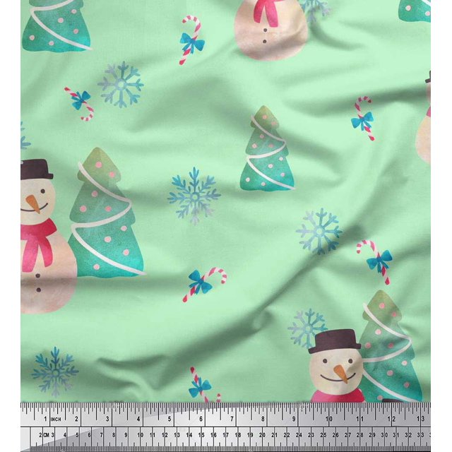 Soimoi Green Poly Georgette Fabric Snowman & Tree Christmas Fabric Prints By Yard 52 Inch Wide