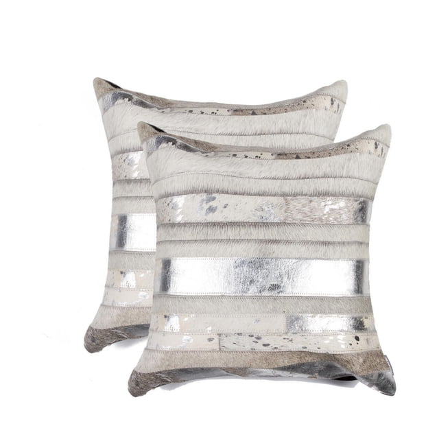 H-Natural Torino Madrid Cowhide 2-Pack Pillows with large square shape, crafted from 100% natural Indian cowhide featuring patchwork of soft fur and metallic silver strips, hand-stitched with hidden zipper closure, ideal for adding warmth and style to home décor and layering with other throw pillows.