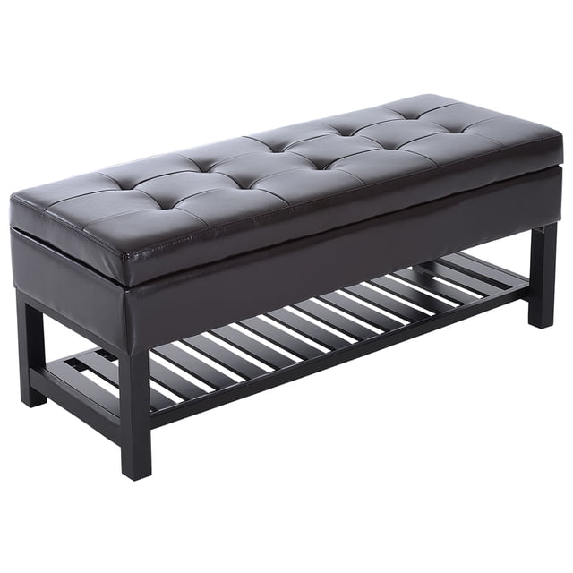 HOMCOM Banc Ottoman de Rangement 2 en 1 à Dessus Relevable en Cuir PU Brun avec Dessus Capitonné Rembourré et Pattes en Bois. Comprend un Étagère à Chaussures à Lattes en Dessous et un Couvercle à Charnière Qui s'Ouvre pour Révéler l'Espace de Rangement Intérieur. Mesure 43,9 Pouces de Longueur, 17 Pouces de Largeur et 18 Pouces de Hauteur.