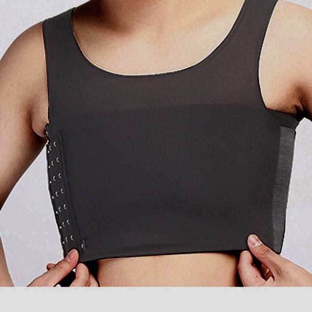 Maternity Shapewear Chest Binder Breath Minimizer Breast Undershirt Intimates Bra on Clearance. A close-up view of a dark-coloured maternity chest binder with a scoop neckline and side hook closures. Made of lightweight polyester, it offers tummy control, back support, and posture enhancement. Suitable for daily wear, workouts, and casual occasions. Available in multiple sizes for women.