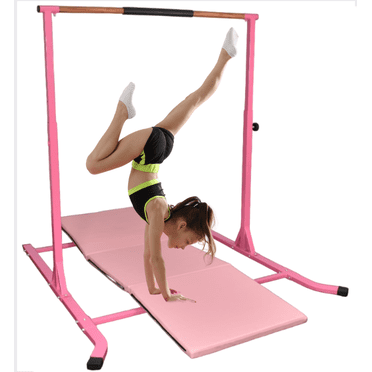 Barre de Kip de Gymnastique Barre Horizontale pour Enfants avec Tapis de Chute 6"x2", Barres de Kip de Gymnastique pour Filles Juniors, Hauteur Réglable de 3 Pieds à 5 Pieds, Équipement de Gym à Domicile pour Entraînement Intérieur à la Maison Capacité de 300 Lb (Rose)