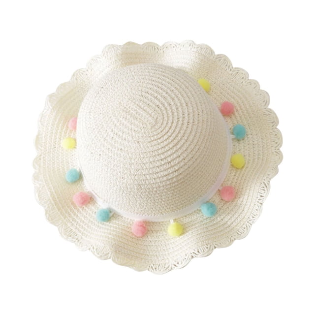 EGNMCR Toddler Hat Summer Children's Colored Balls Bow Decorated Hat Rope Beach Hat Sun Hat Girl Server