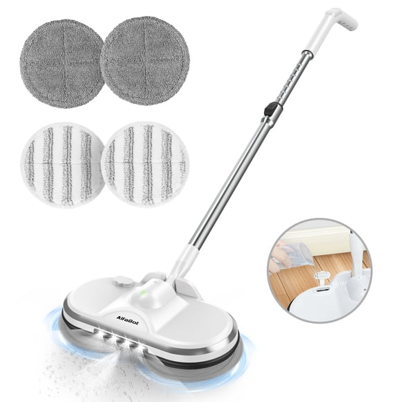 AlfaBot Cordless Electric Mop, Lightweight Rechargeable Spin Mop with Water Sprayer & LED Headlight for Hardwood and Tile Floors