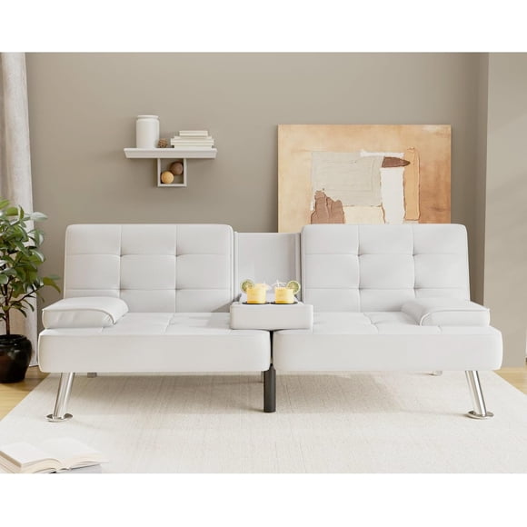 Homall Futon Sofa Bed Faux Leather Couch Modern Convertible Folding Recliner with 2 Cup Holders,White
