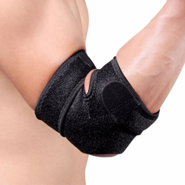 Elbow Brace, Tennis Elbow Strap Adjustable Elbow Support Sleeve with 2-Spring Stabilizer and Adjustable Straps for Arthritis, Tendonitis, and Sports Injury Pain Relief. The image shows a black neoprene elbow brace with dual adjustable straps and a cutout design for flexibility, worn on a person's arm. The brace features two stainless steel spring stabilizers for added support and ergonomic shaping for a secure fit.