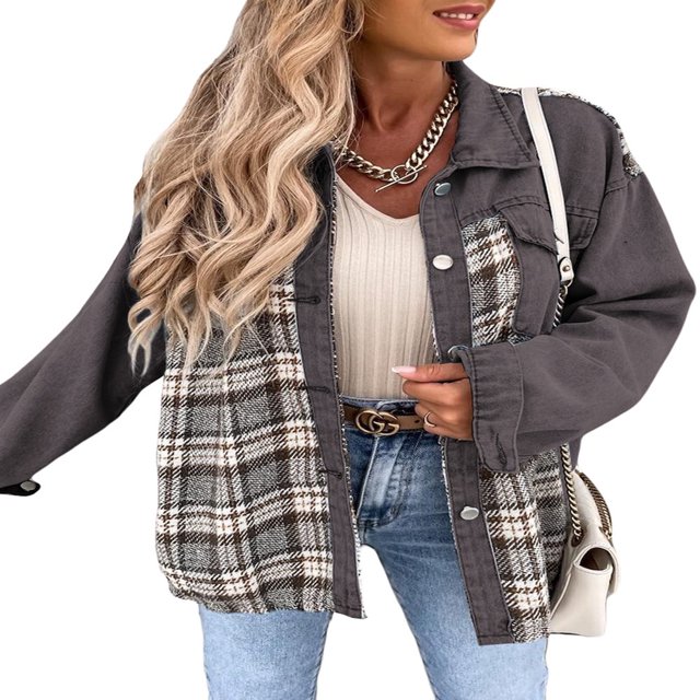 SHEWIN Women‘s Denim Jacket Plaid Patchwork Shacket Long Sleeve Button Down Oversized Jean Jacket Coat Green