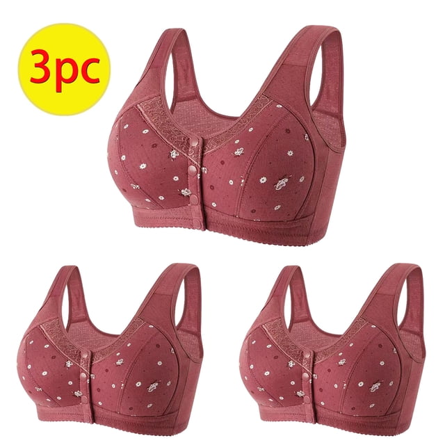 AherBiu 3PCS Plus Size Bras for Women Full Coverage Button Front Closure Push up No Underwire Bralettes Everyday Comfort Bras