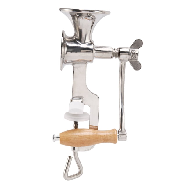Full stainless steel classical kitchen tool manual poppy mill grain seeds mill hand-operated nut grinder and spice grinder in silver. Features a polished metal body with a wooden handle and clamp for secure attachment. Eco-friendly and suitable for grinding grains, nuts, spices, and herbs. Often used for preparing homemade flours or spice blends.
