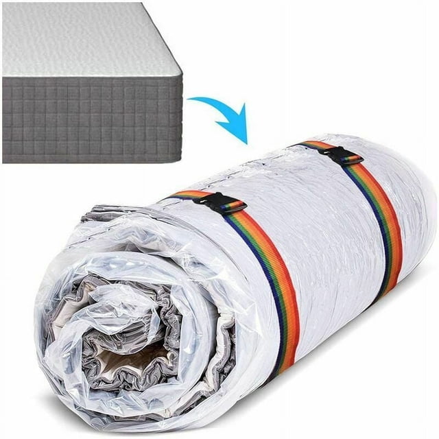 Full Protection Vacuum Bags for Double Mattress, designed for space-saving storage with a vacuum seal, leakproof triple valve, and double zip seal for airtight compression. Includes adjustable rainbow-colored binding straps for secure handling. The image shows a rolled-up mattress compressed in a clear vacuum bag, with an inset of the mattress before compression.