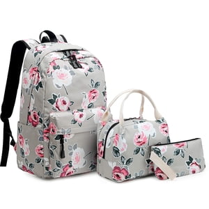 Filles Sac à dos Set Flowers School Sac à dossier pour les femmes Adolescents Voyage sac à dos pour ordinateur portable pour les filles école 3 Dans 1 (Gris)