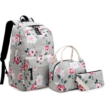 Girls Backpack Set Flowers School Backpack Daypack Women Teenagers Travel School Bag Laptop Backpack For Girls School 3 In 1 (Gray)