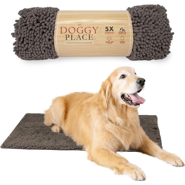 GFDYREE Ultra Absorbent Microfiber Dog Door Mat in ash grey, large size measuring 36 x 26 inches. Made of thick chenille microfiber with a high-pile texture for superior absorption, it features a durable, double-stitched construction with a non-slip rubber backing. The mat is quick-drying, machine washable, and suitable for multiple uses, including as a doormat for pets, a winter boot mat, or a bathroom shower mat. A golden retriever is shown lying on the mat.