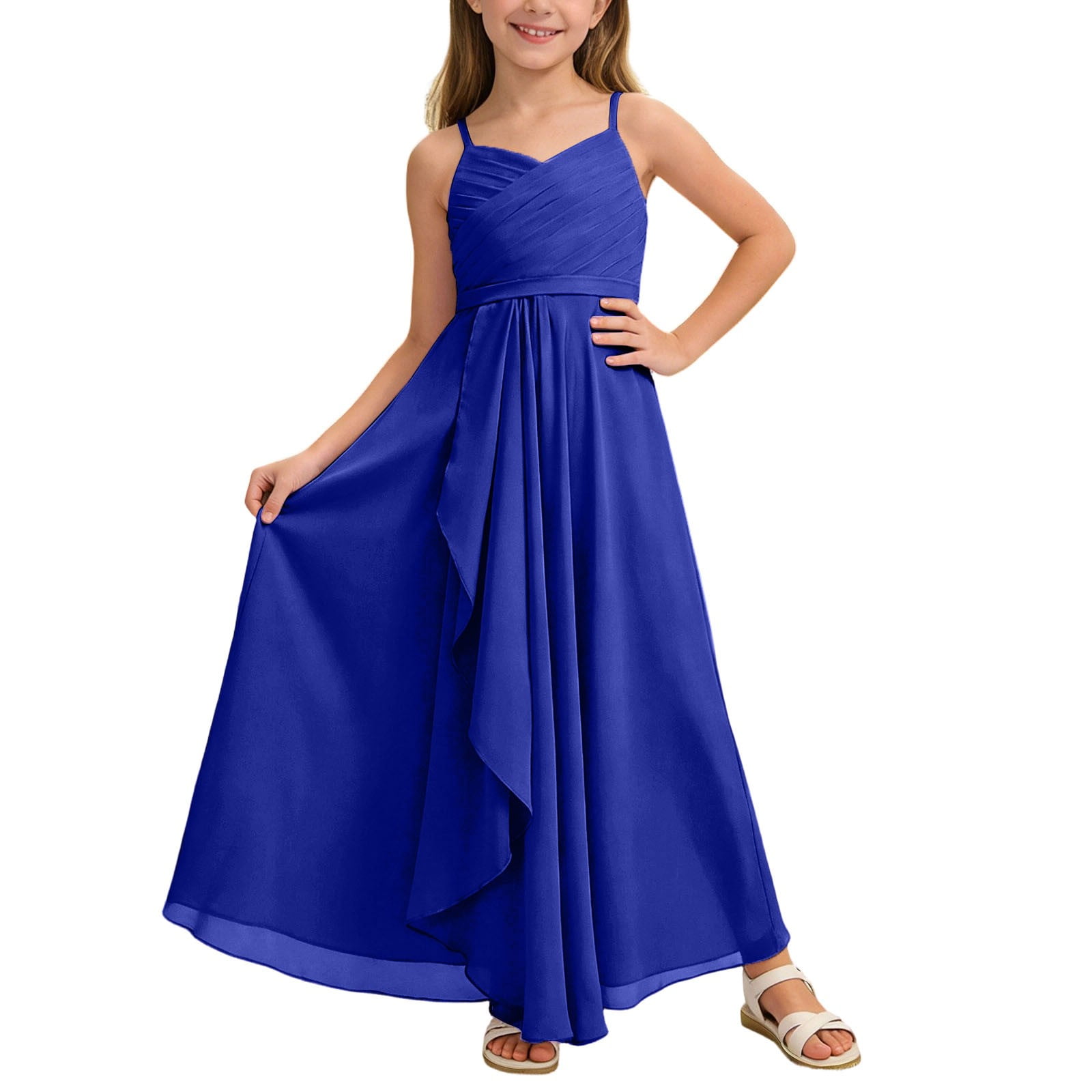 Junior Girls Bridesmaid Flowy Chiffon Dress – Crewneck A-Line Formal Gown For Weddings & Parties