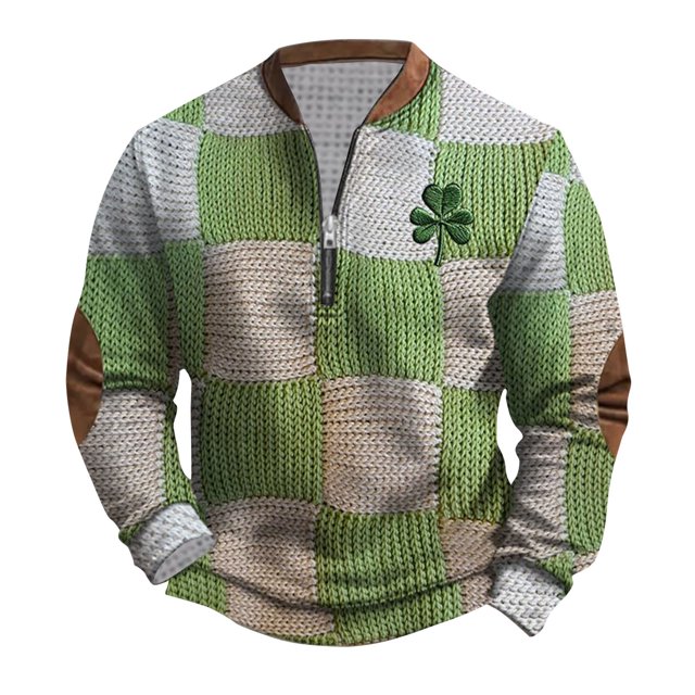 Penkiiy St Patricks Day Shamrock Patch Chest Print 1/4 Zip Sweatshirt 3XL Multicolor