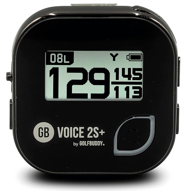 GolfBuddy Voice 2S+ Talking GPS Golf Rangefinder in blue and white, a compact golf GPS device with a black front panel displaying precise distance measurements to the green. Features slope on/off capability, hazard distances, multilingual support, automatic course recognition, and a rechargeable battery lasting up to 18 hours. Preloaded with over 40,000 global courses, ideal for golfers seeking accurate distance measuring tools.