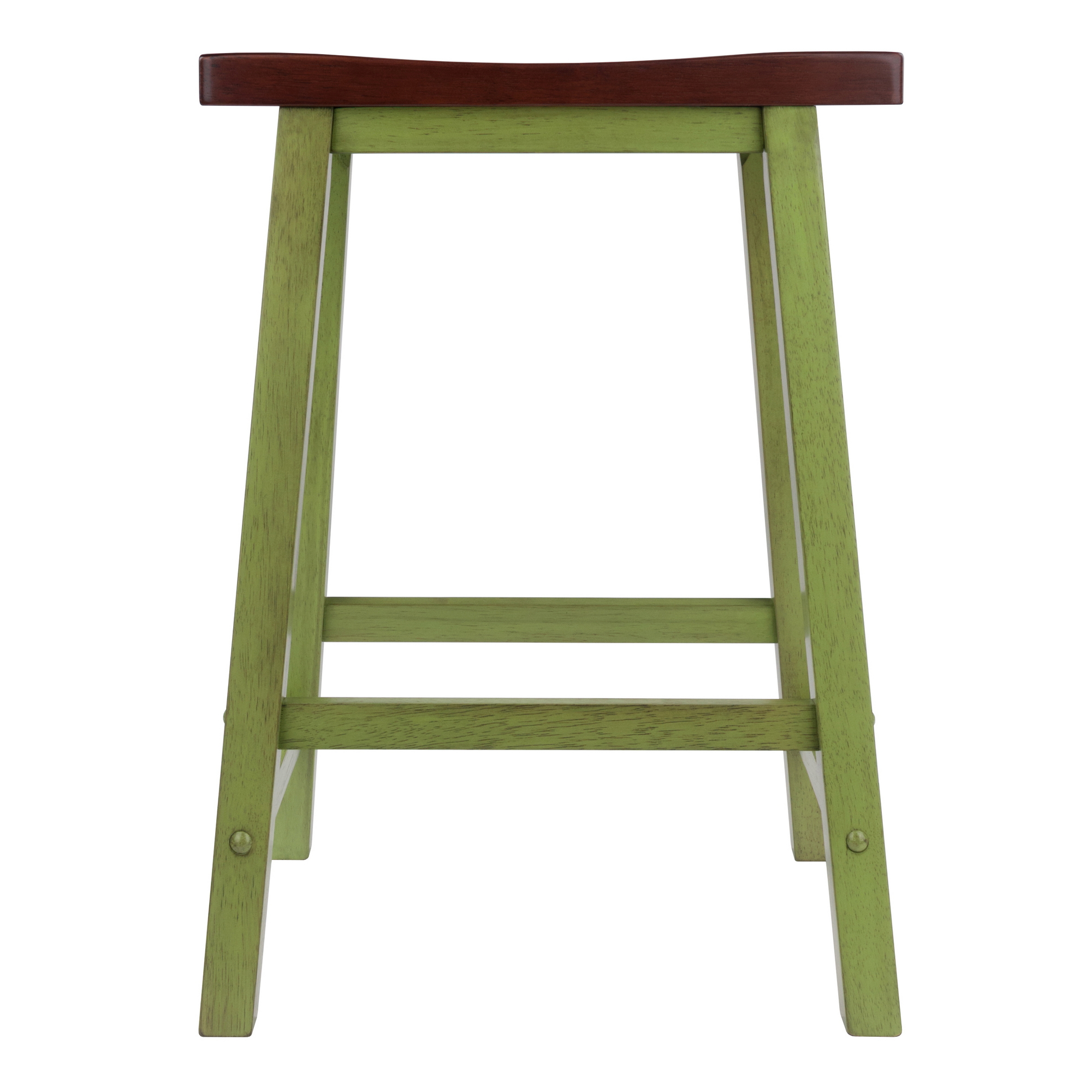 Tabouret de comptoir Satori avec siège selle, finition vert rustique et noyer