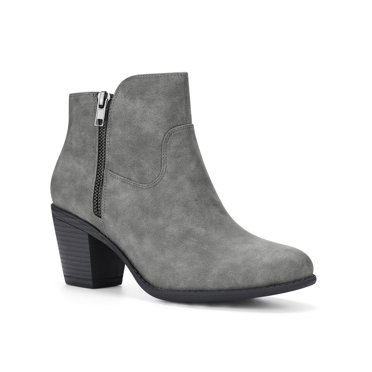 Unique Bargains Women's Round Toe Stacked Block Heel Zipper Ankle Boots