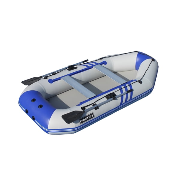 Boatify 9.8ft Inflatable Fishing Boat Raft Dinghy Pontoon Kayak with Air Floor with Motor Bracket-Grey and Blue