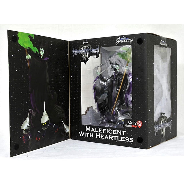 Kingdom Hearts 3 11 Inch PVC Statue Gallery Series - Maleficent displayed in a window box packaging. This decorative collectible features Maleficent holding a staff with green flames, surrounded by Heartless Soldiers, based on her appearance in Kingdom Hearts III. The packaging includes detailed artwork and branding from Diamond Select Toys.