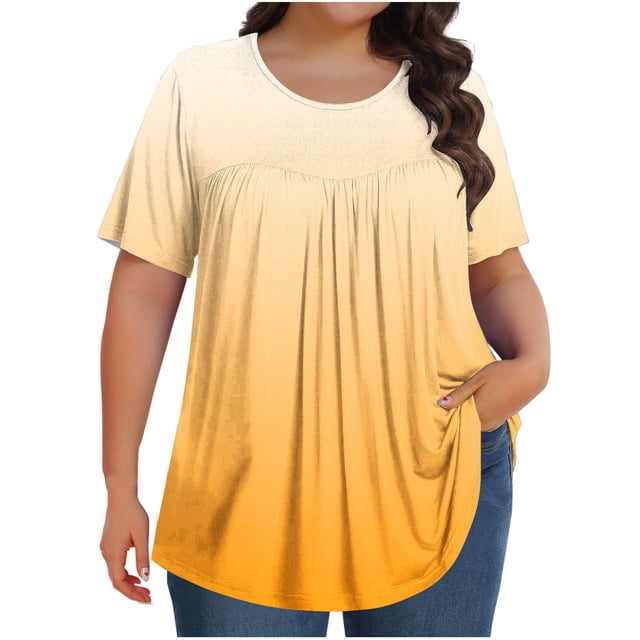 Olyvenn Hauts Grande Taille pour Femmes, devant Plissé, Col Ras du Cou, Manches Courtes, Chemisiers Dégradés, Tuniques d'Été 2025, Chandails Fluides, T-Shirts Orange TG