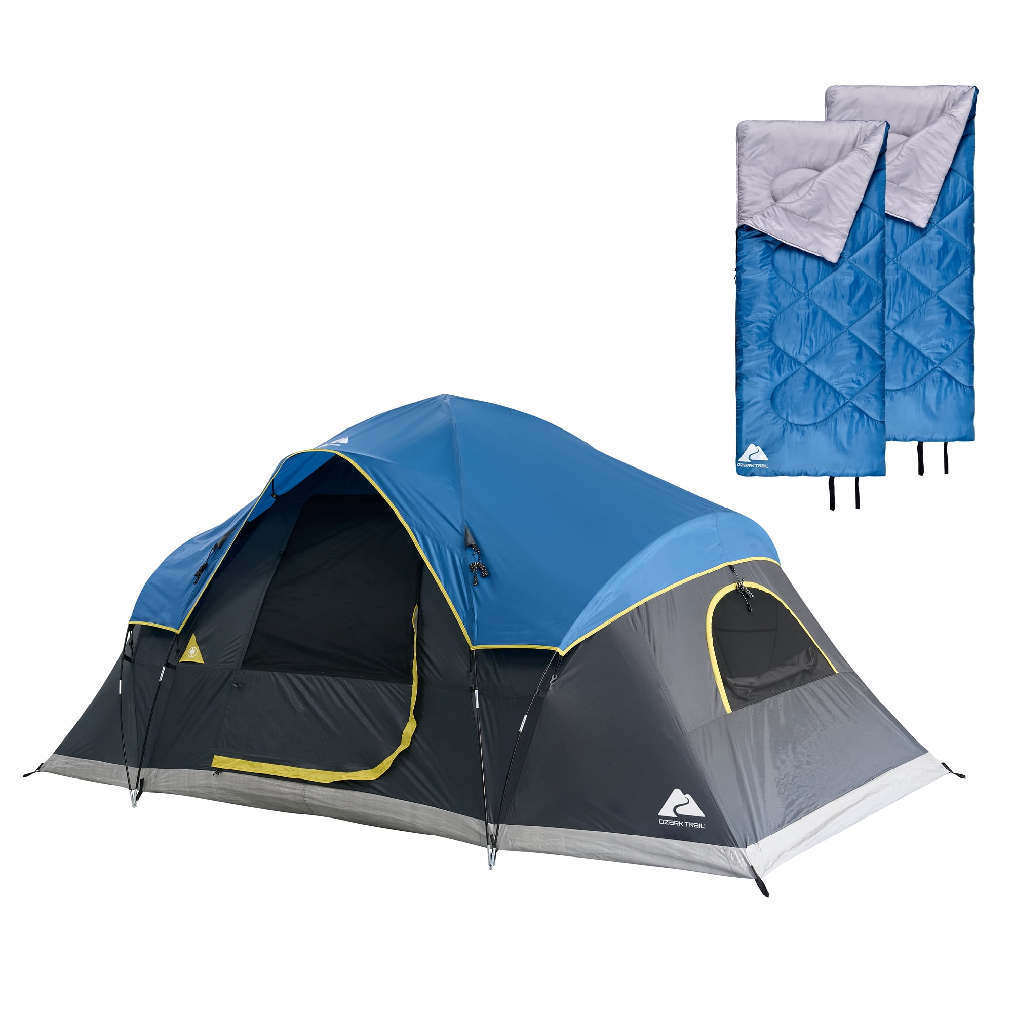 Ozark Trail 3pc Camping Combo, Sleeps up to 6 people , Blue, Includes 2 Sleeping Bags, Rain Fly, & Carry Bag