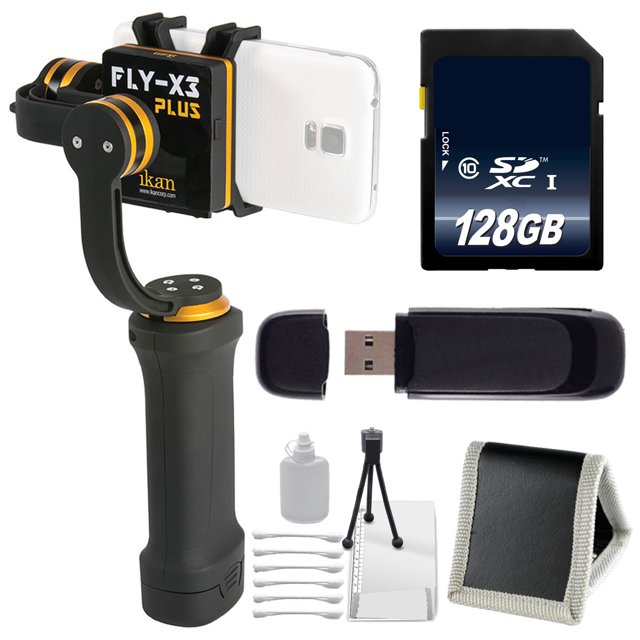 ikan FLY-X3-Plus 3-Axis Smartphone Gimbal Stabilizer with GoPro Mount + 128GB SDXC Class 10 Memory Card + SD Card USB Reader + Memory Card Wallet + Deluxe Starter Kit Bundle