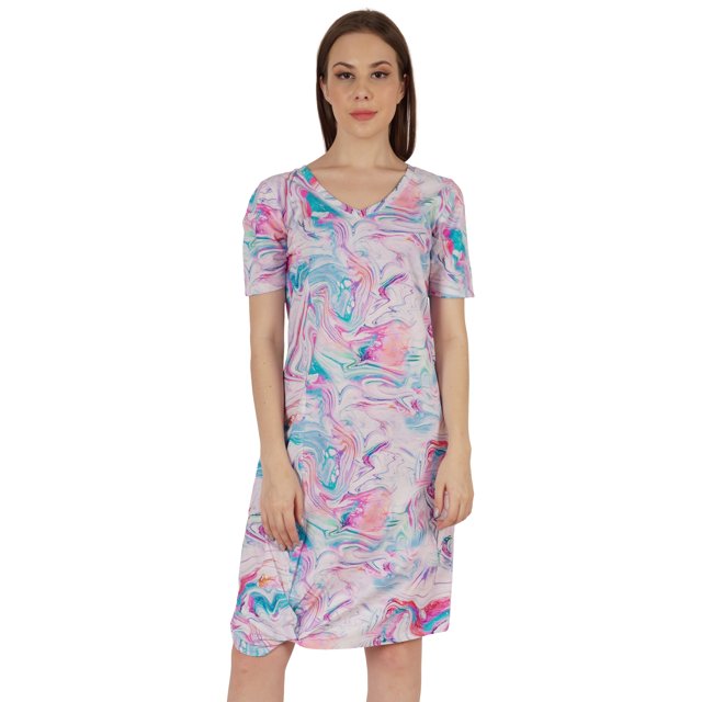 Moomaya Robe Midi en Jersey de Coton Imprimé pour Femmes, Col en V, Été, Manches Courtes, Longueur Genou