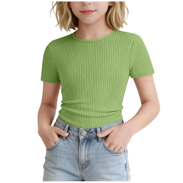 Yanlir Girls Ribbed Lace Trim Fitted Round Neck Short Sleeve Tee 1 Pack Summer for Kids 5 -16 Years Soft Summer Fashion Crewneck Tees Basic Tops