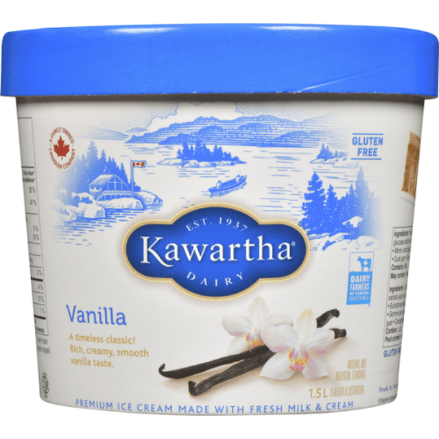 Vanilla Kawartha Dairy premium ice cream tub with a blue lid and white container featuring blue lakeside illustrations and Canadian flag, labeled gluten free and Dairy Farmers of Canada certified, 1.5 L size, highlighting a rich, creamy, smooth vanilla flavor with vanilla beans and flowers on the front.