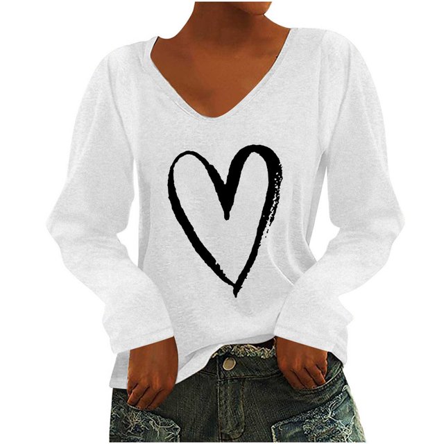 Pompotops T-Shirt à Manches Longues à Col en V Imprimé Décontracté pour Femmes, Chandail, Hauts, Liquidation