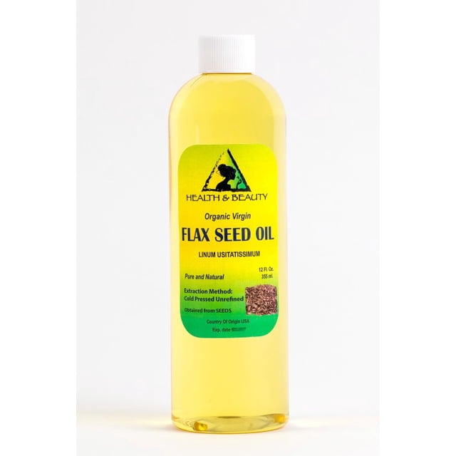 Huile de Graines de Lin Organique Vierge Pressée à Froid pure Bouteille de 24 oz avec Liquide Jaune Pâle. l'Étiquette Présente « Health & Beauty » Marque, Nom Botanique Linum usitatissimum, et Méthode d'Extraction comme Pressée à Froid Non Raffinée. Idéale comme Huile Corporelle, Huile de Support, et pour les Soins de la Peau, la Nutrition des Cheveux et les Utilisations Anti-Inflammatoires.
