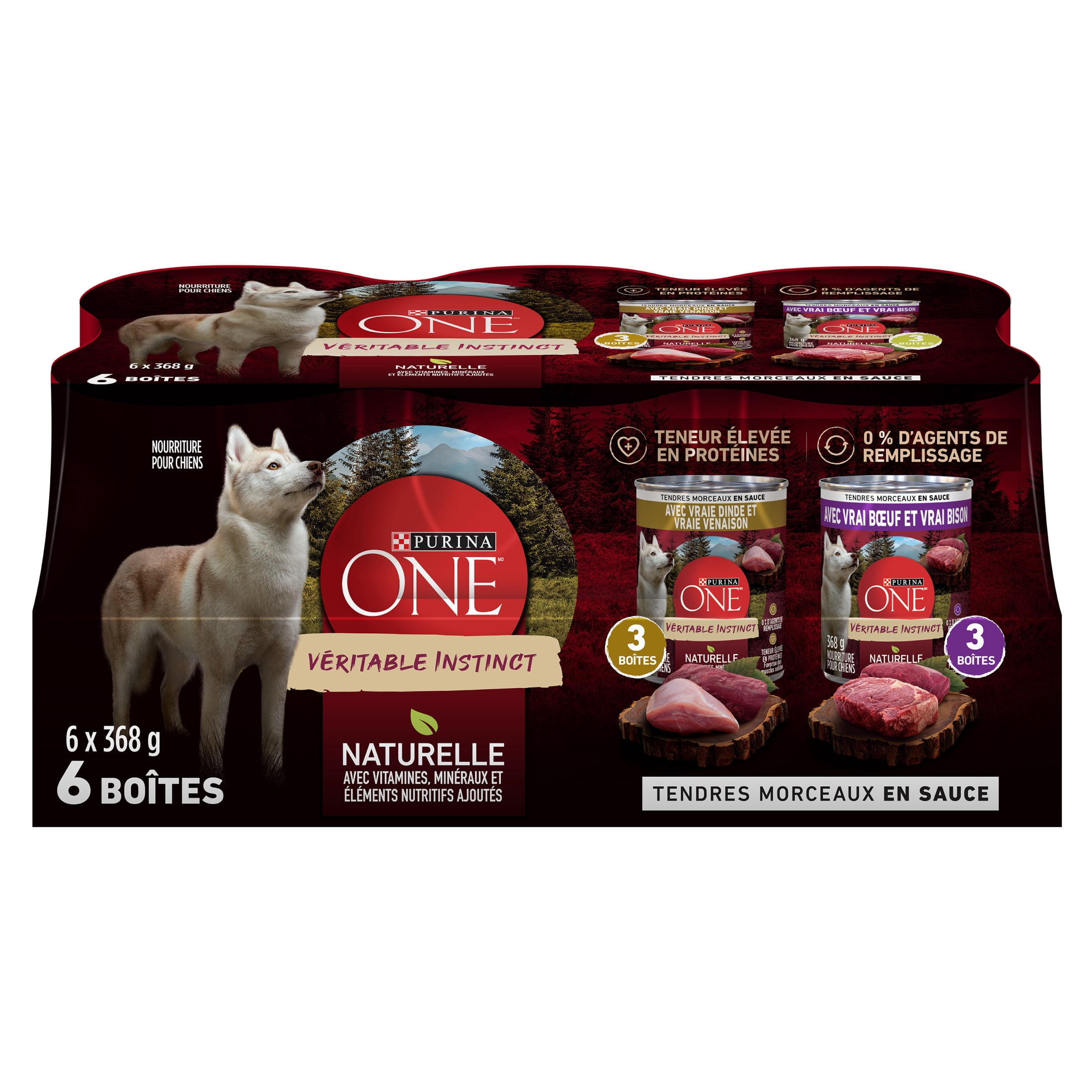 Purina ONE True Instinct Emballage Assorti Tendres Morceaux en Sauce, Nourriture Humide pour Chiens, 368g x 24