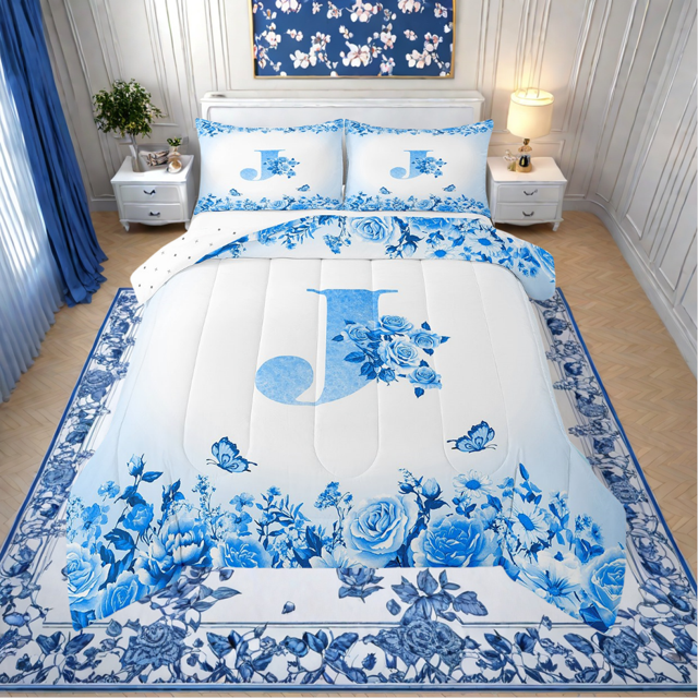 Erosebridal Letter Initial Bedding Twin Comforter Set,Monogrammed Personalized Down Comforter,Flower Decor,Reversible,Lightweight,2-Piece