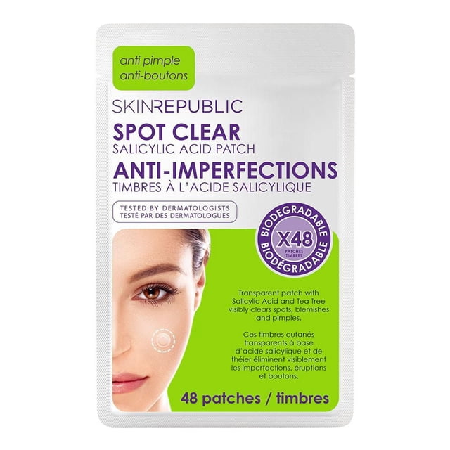 Spot And Clear (48 x patches) by Skin Republic, biodegradable transparent salicylic acid and tea tree patches that visibly clear spots, blemishes, and pimples overnight, with anti-imperfections text in English and French on white and green packaging.