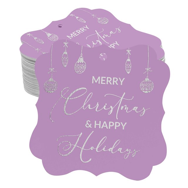 Inkdotpot Real Silver Foil Merry Christmas & Happy Text Tags Favor Bracket Shape Hang Pack Of 50 Paper Tags